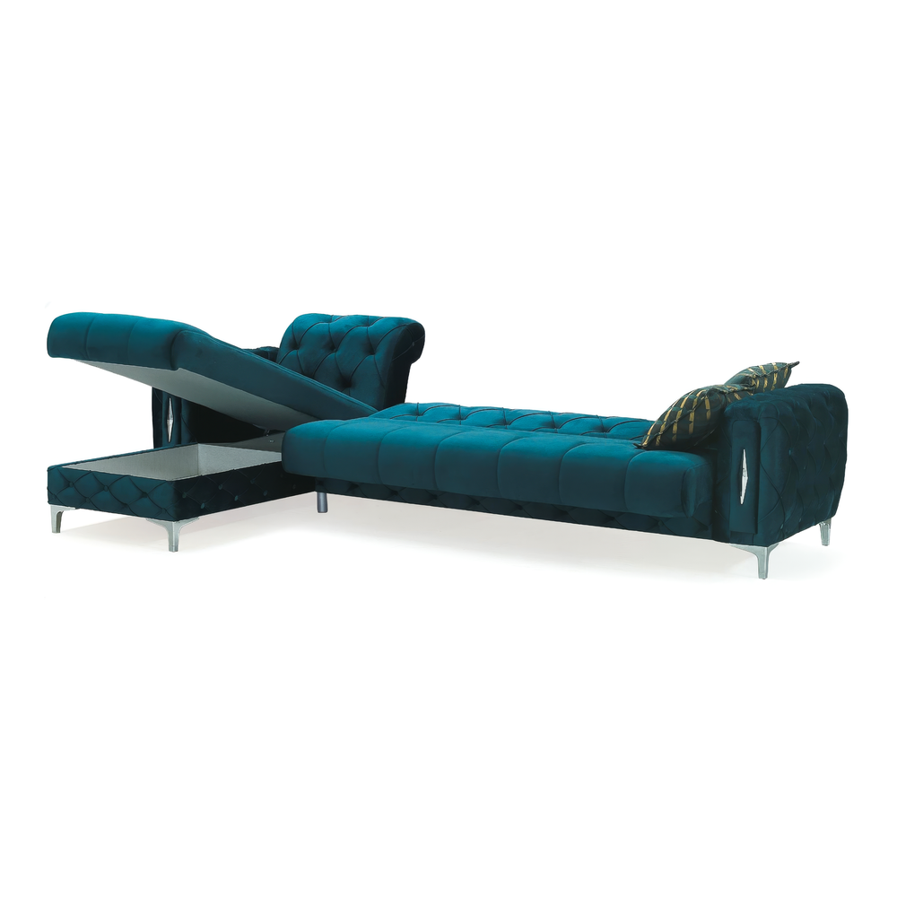 Monaco Relax Corner Sofa Bed with Storage – Luxury Fabric Chesterfield Sofa