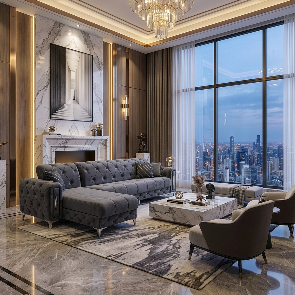 Monaco Relax Corner Sofa Bed with Storage – Luxury Fabric Chesterfield Sofa