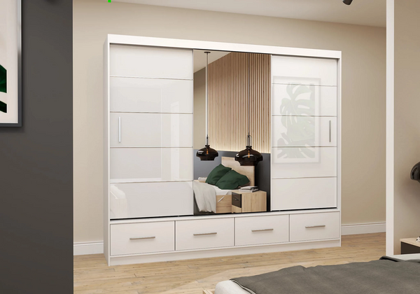 Florida 3 Door Sliding Mirror Wardrobe – Large Modern Bedroom Wardrobe with Drawers