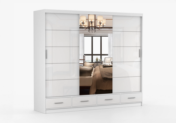 Florida 3 Door Sliding Mirror Wardrobe – Large Modern Bedroom Wardrobe with Drawers