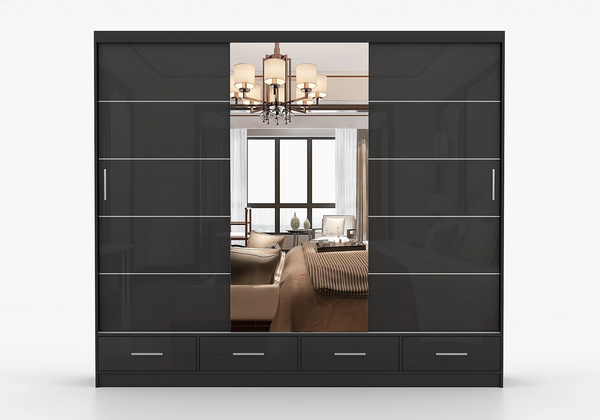Florida 3 Door Sliding Mirror Wardrobe – Large Modern Bedroom Wardrobe with Drawers