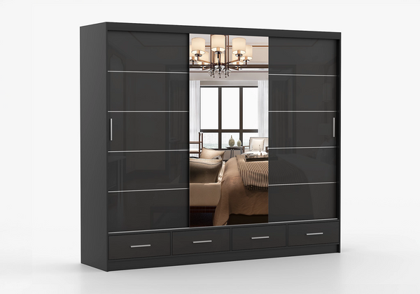 Florida 3 Door Sliding Mirror Wardrobe – Large Modern Bedroom Wardrobe with Drawers