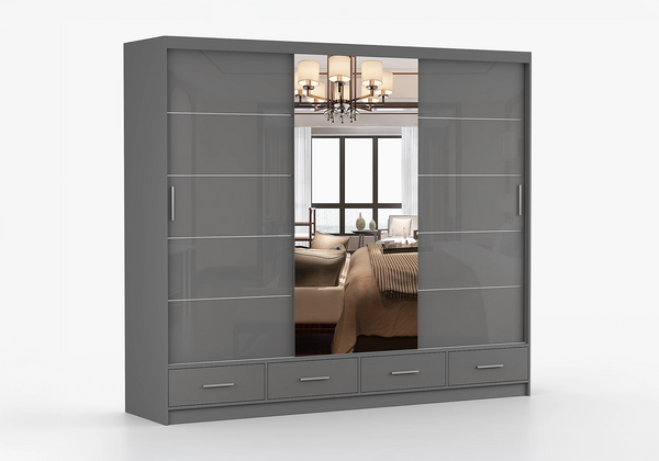 Florida 3 Door Sliding Mirror Wardrobe – Large Modern Bedroom Wardrobe with Drawers