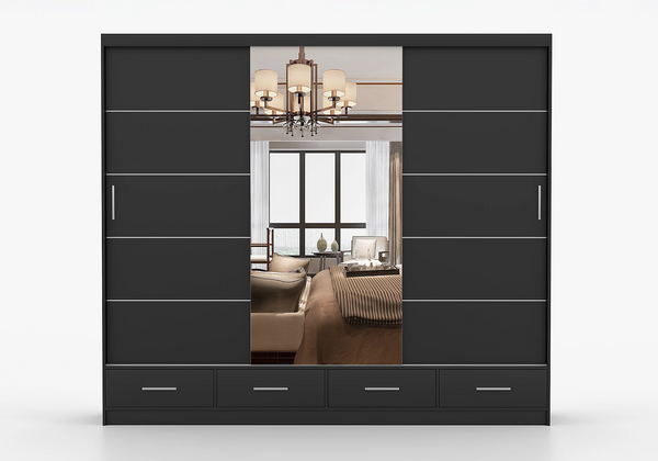 Florida 3 Door Sliding Mirror Wardrobe – Large Modern Bedroom Wardrobe with Drawers